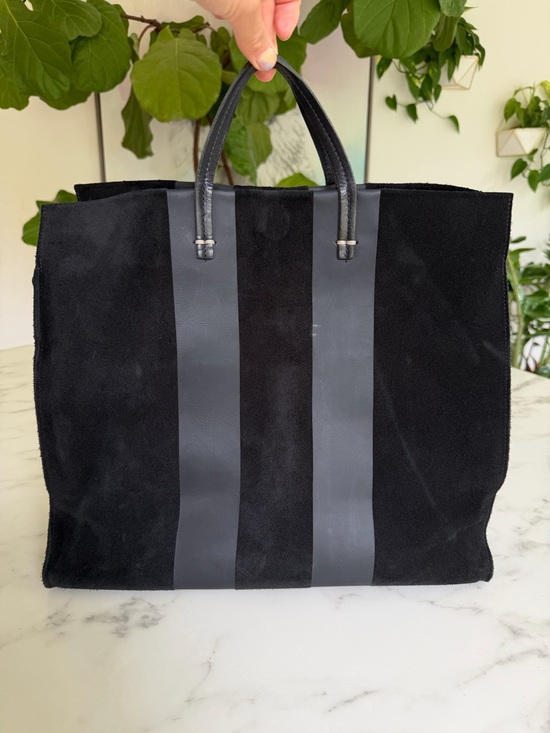 Clare V Suede Simple Tote with Racing Stripes Matte Black with Strap - Picture 3 of 14